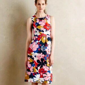 Anthropologie Whit Two Floral Red Pink Navy Dress Knee Length Sleeveless